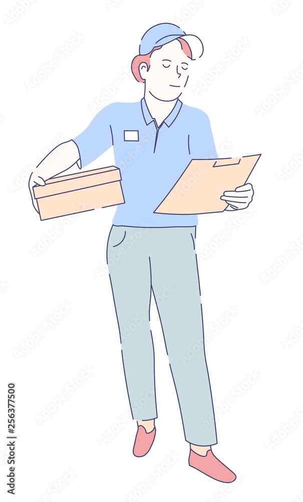 Mailwoman in uniform with parcel and document on notepad delivery service Mailwoman in uniform with parcel and document on notepad delivery service