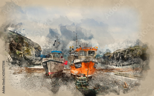 Watercolor painting of Fishing boats in Cadgwith Harbour.