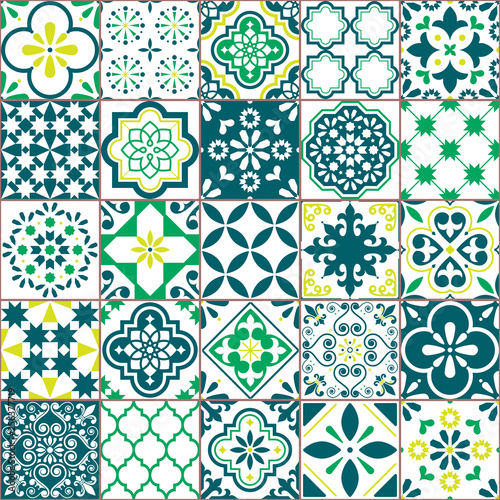 Tile vector pattern - Azulejo Lisbon retro old tiles mosaic, Portuguese seamless green design photo