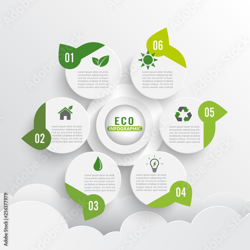 Modern green ecology design layout infographics 6 options. Template for brochure, business, web design.