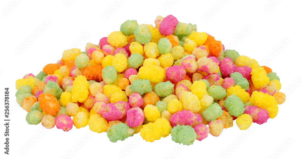 Group of rainbow coloured puffed maize and rice confectionery isolated on a white background Group of rainbow coloured puffed maize and rice confectionery isolated on a white background