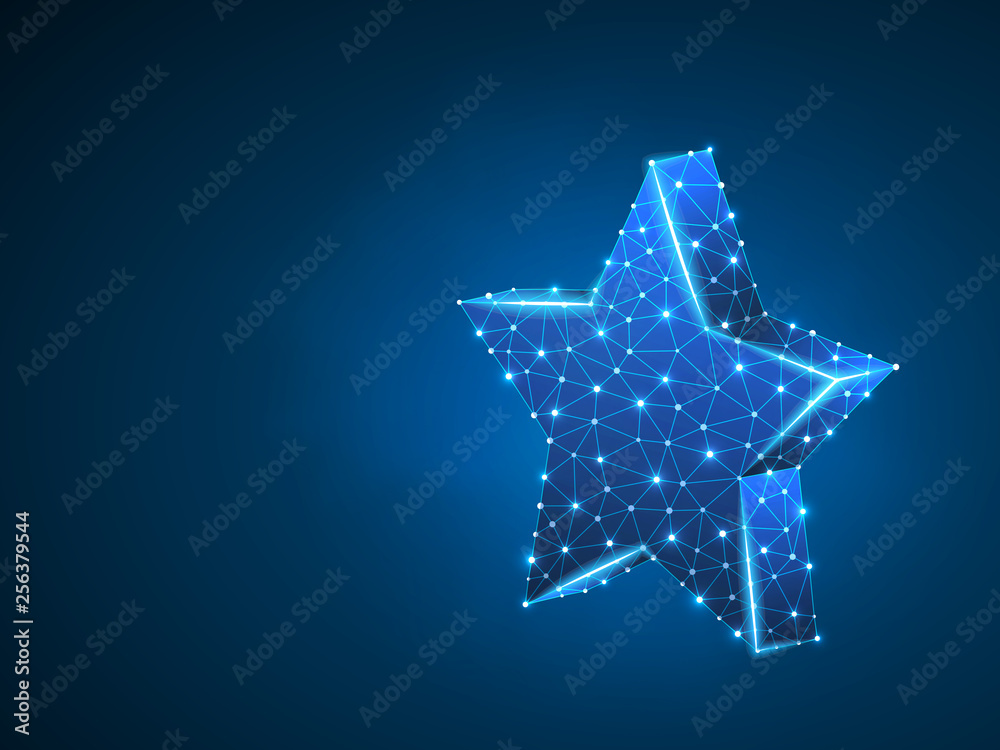 Volumetric 3d star with five rays. Polygonal space low poly with connecting dots and lines. Star in the sky concept. Connection wireframe structure. Raster neon illustration on dark blue background