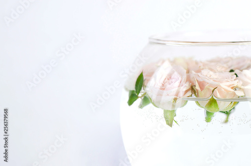Round vessel with water and small peach roses.