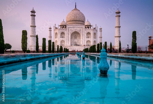 Beautiful view with long exposure of the famous Taj Mahal mausoleum in Agra, Uttar Pradesh, India, in the late afternoon light