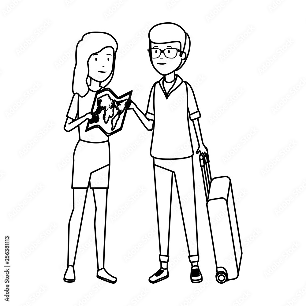 tourist couple with suitcases characters