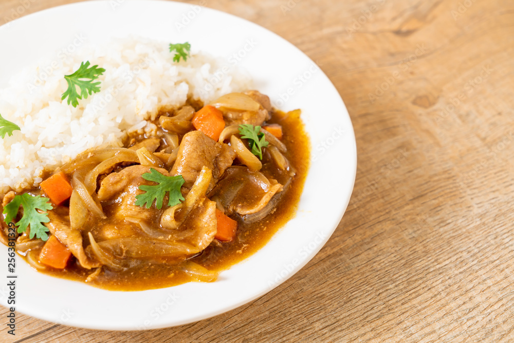 Japanese curry rice with sliced pork, carrot and onions