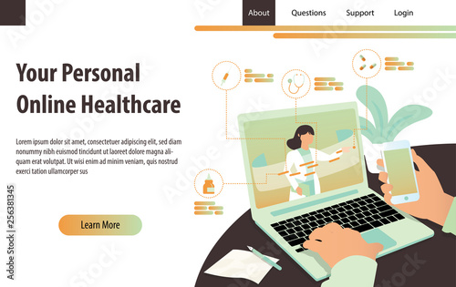 Personal online healthcare concept with doctor doing a consultation. Landing modern page template vector illustration. - Vector
