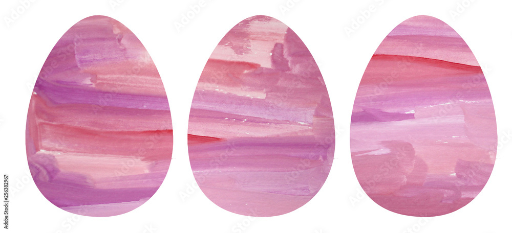 watercolor set of three eggs. textured eggs of abstract lilac color with colored strokes on a white background for design, decorations watercolor set of three eggs. textured eggs of abstract lilac color with colored strokes on a white background for design, decorations