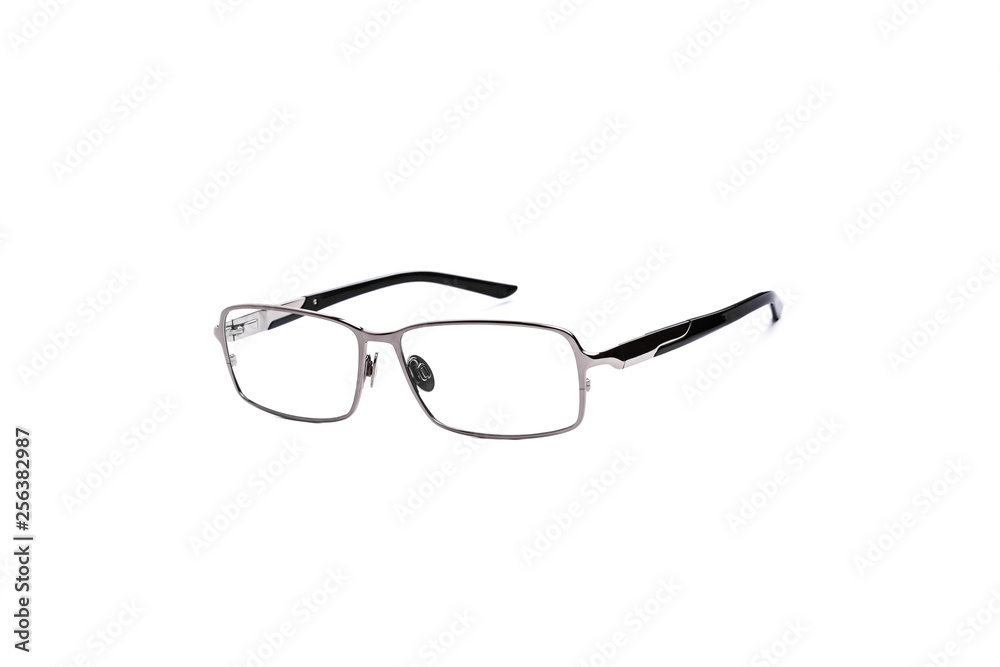 Glasses with transparent glasses in a fashionable frame on an isolated white background Glasses with transparent glasses in a fashionable frame on an isolated white background