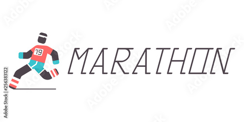 Marathon vector cartoon sport illustration with a running man and handwritten text isolated on white background.