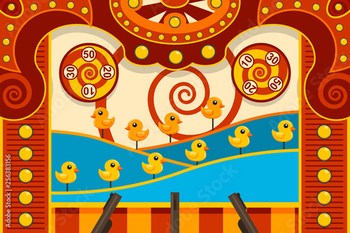 Carnival shooting arcade game with duck and gun. Vector cartoon illustration.