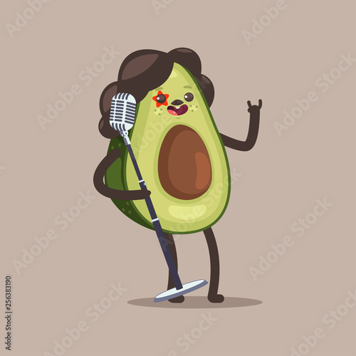 Avocado rock star vector cartoon funny fruit character with microphone isolated on background.