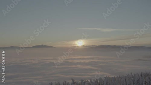 Wallpaper Mural Aerial drone view of sunrise in snowy mountains over clouds and white trees in winter  Torontodigital.ca