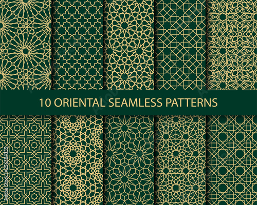 Vector set of 10 ornamental seamless patterns in green and golden colors. Collection of luxury patterns in the oriental style. Patterns added to the swatch panel.