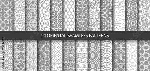 Big set of 24 vector ornamental seamless patterns. Collection of geometric patterns in the oriental style. Patterns added to the swatch panel.