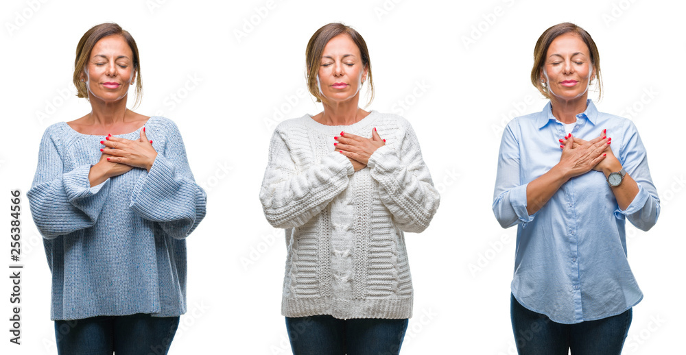 Collage of middle age hispanic woman over isolated background smiling with hands on chest with closed eyes and grateful gesture on face. Health concept. Collage of middle age hispanic woman over isolated background smiling with hands on chest with closed eyes and grateful gesture on face. Health concept.