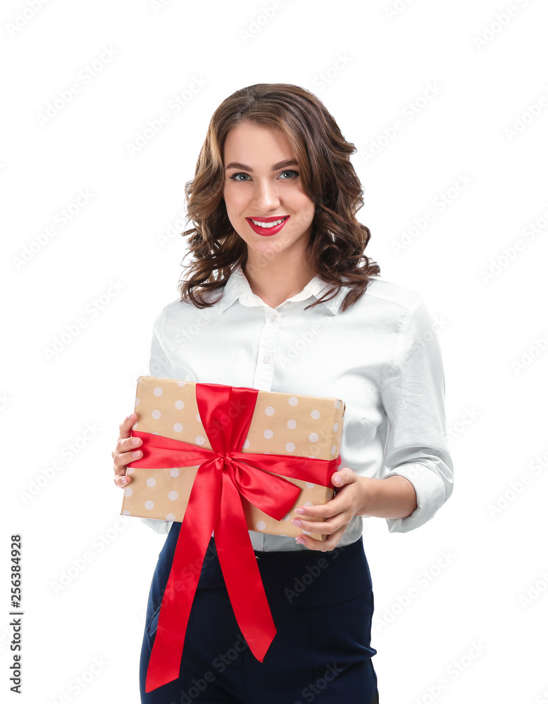 Beautiful young woman with gift on white background Beautiful young woman with gift on white background