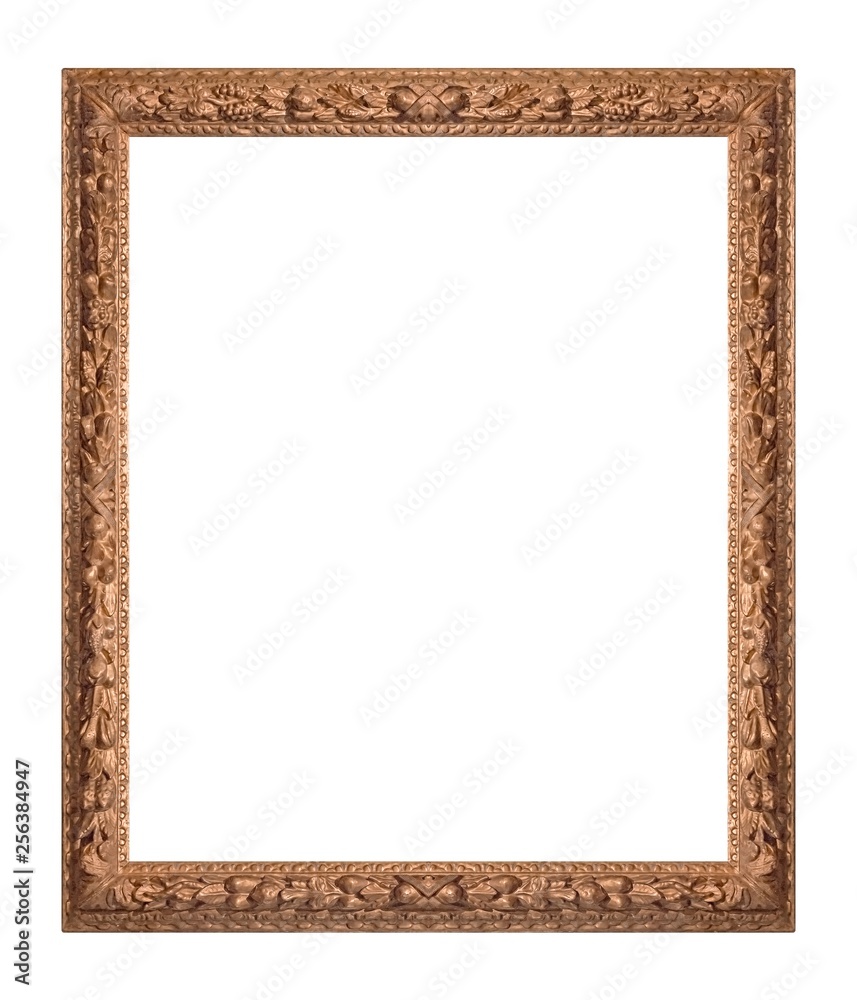 Golden frame for paintings, mirrors or photo isolated on white background	