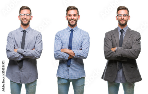 Collage of young business hispanic man over isolated background happy face smiling with crossed arms looking at the camera. Positive person.