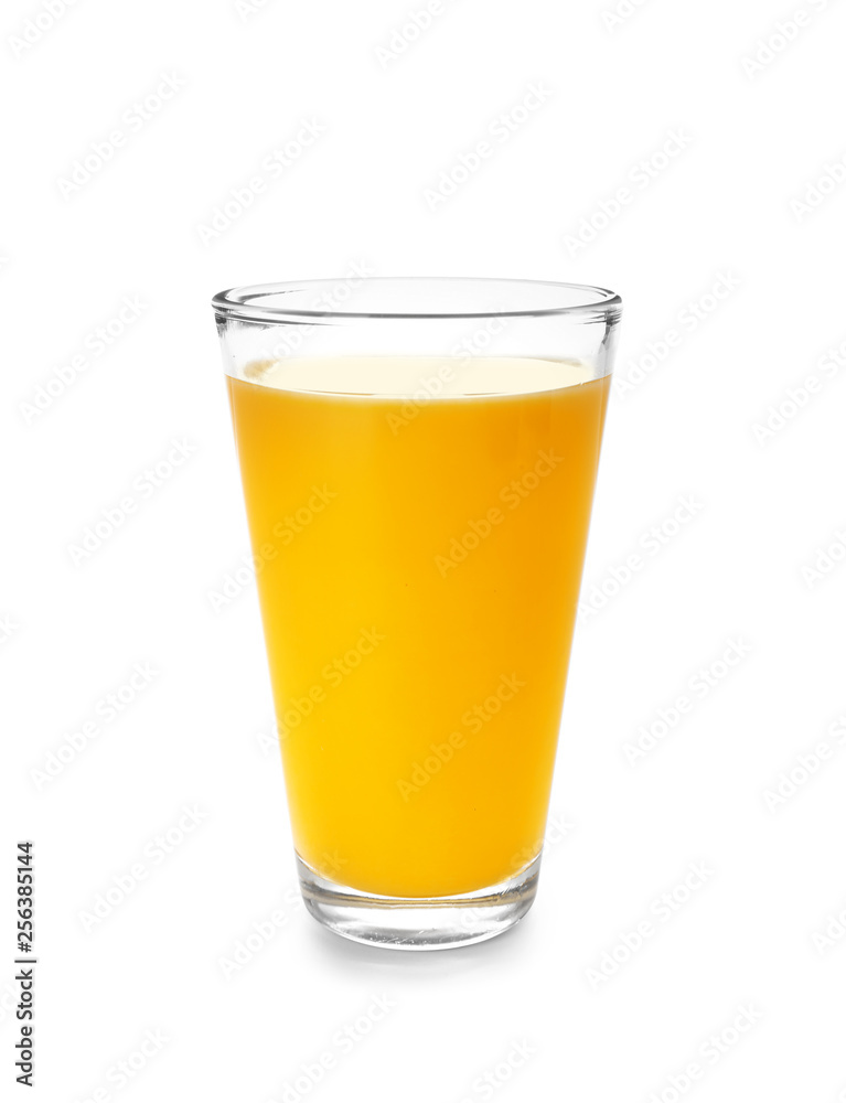 Glass of tasty orange juice on white background