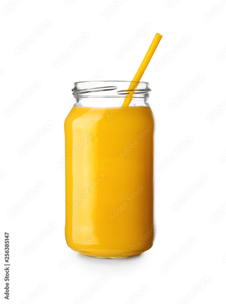 Jar of tasty orange juice on white background Jar of tasty orange juice on white background