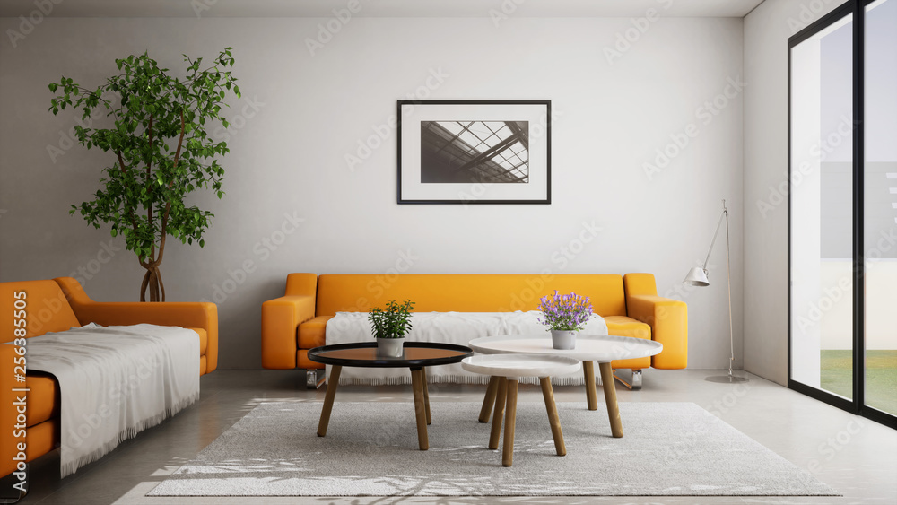 Fototapeta premium vue 3d canapé orange + cadre 07