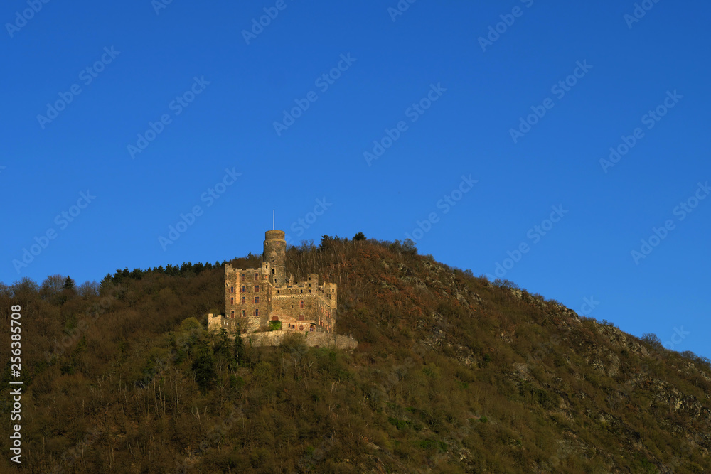 German castle Burg Maus above the rhine and blue sky - Stockphoto