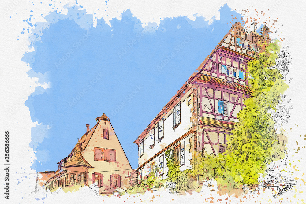 Watercolor sketch or illustration of a beautiful view of the traditional colored houses in Colmar in France