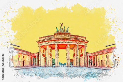 Photography Watercolor sketch or illustration of a beautiful view of the Brandenburg Gate in
