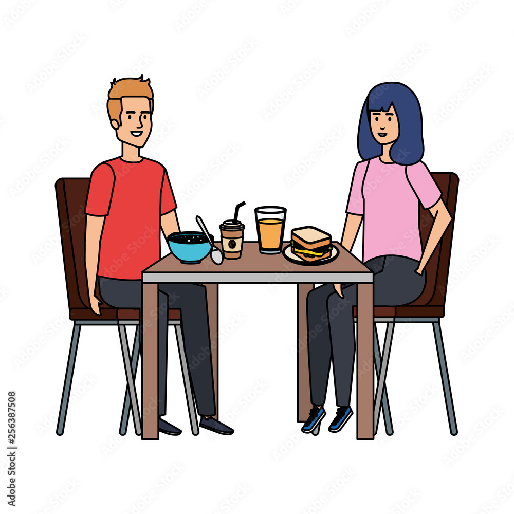 young couple eating in table characters