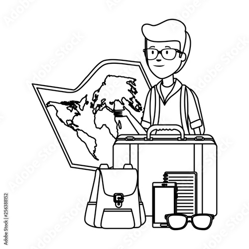 tourist man with paper map and travel icons