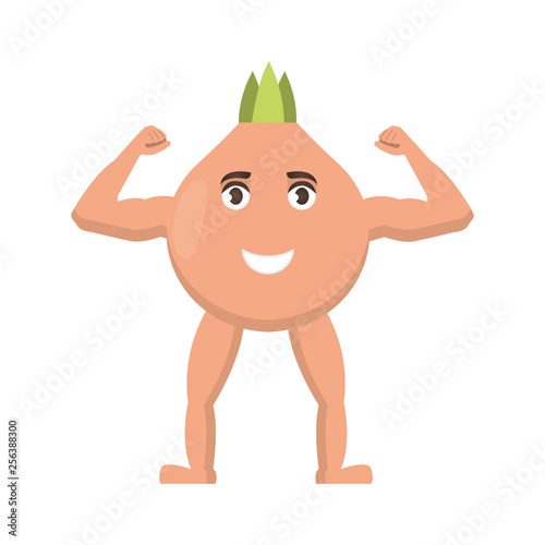Onion Strong icon, vegetable with happy face, healthy food character in cartoon style