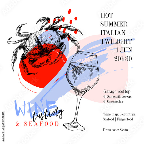 Wine tasting and seafood party poster. Vector hand drawn crab with a glass of wine. Italian sea fingerfood banner. Modern abstract background. Vintage restaurant menu, invitation, flyer design.