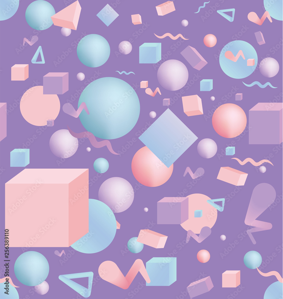 Seamless pattern of 3d figures realistic primitives composition with flying objects and shapes in motion isolated on blue background. Material design for web and print futuristic decoration Seamless pattern of 3d figures realistic primitives composition with flying objects and shapes in motion isolated on blue background. Material design for web and print futuristic decoration