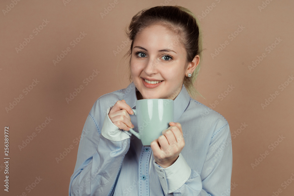 girl with a cup of tea and coffee girl with a cup of tea and coffee