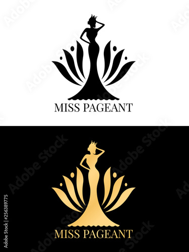 Black and gold Miss pageant logo sign with Beauty queen wear a crown and  flower backdrop vector design