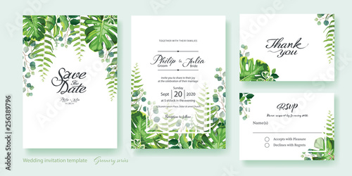 Greenery wedding Invitation, save the date, thank you, rsvp card Design template. Vector. Summer leaf, silver dollar eucalyptus, olive leaves, fern, Wax flower.