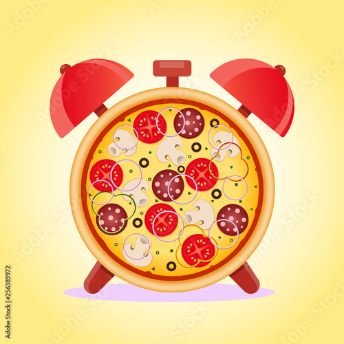 Pizza with mushrooms, salami, tomato and sausage. Pizza time. Snack time. Vector illustration