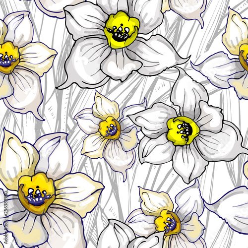 Monochrome floral seamless pattern with hand drawn flowers Daffodils, Narcissus on white background. For create floristic design, wedding card, wallpaper, fabrics, home textile, clothes.