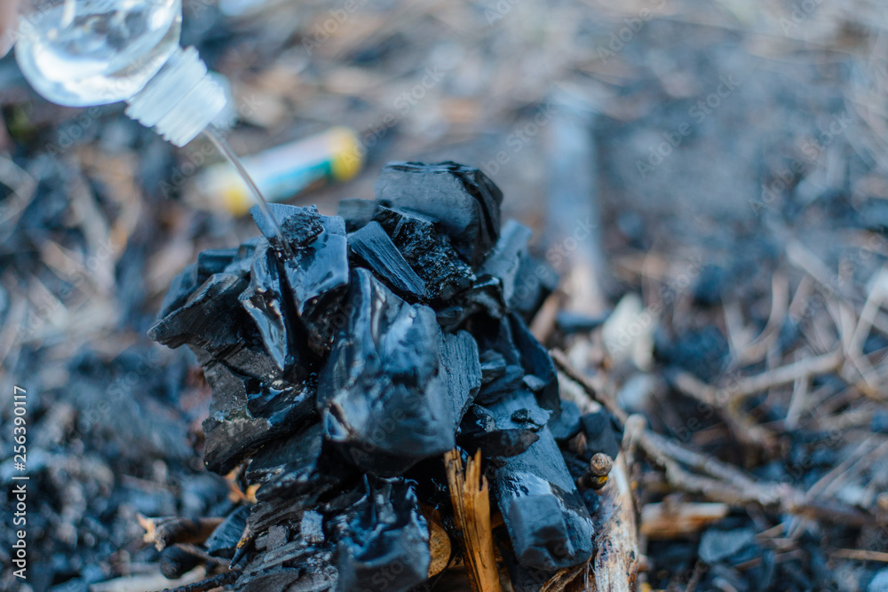 Fototapeta premium Barbecue coals. Pouring liquid for ignition.