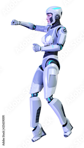 3D Rendering Female Robot on White