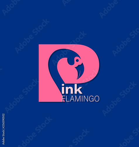 Capital letter P with bird. Pink flamingo. Logo, emblem. Blue background. The inscription can be used for environmental posters, a thematic site with a place for information. 