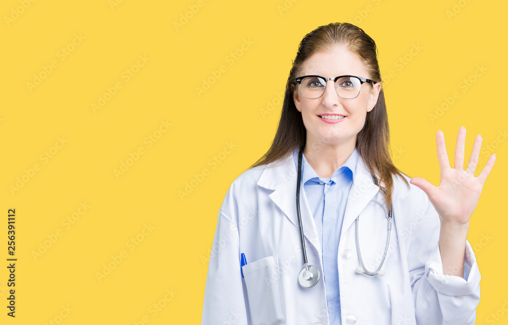 Middle age mature doctor woman wearing medical coat over isolated background showing and pointing up with fingers number five while smiling confident and happy. Middle age mature doctor woman wearing medical coat over isolated background showing and pointing up with fingers number five while smiling confident and happy.