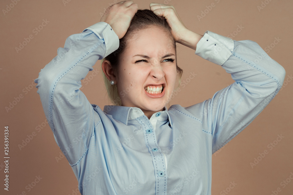 Girl with emotions sad anger mad scream