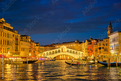 Rialto bridge Ponte di Rialto over Grand Canal at night in Venice  Italy