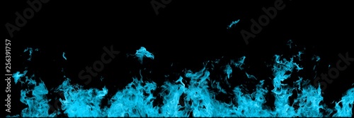 Real light blue line of fire flames isolated on black background. Mockup on black of wall of fire.