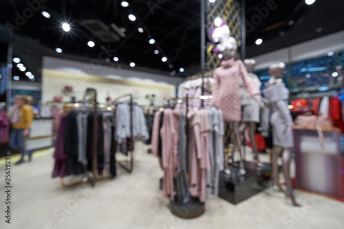 Beautiful blurred background of a women's clothing store in a mall. Defocused. Shopping mall or department store with blurred background and bokeh light.