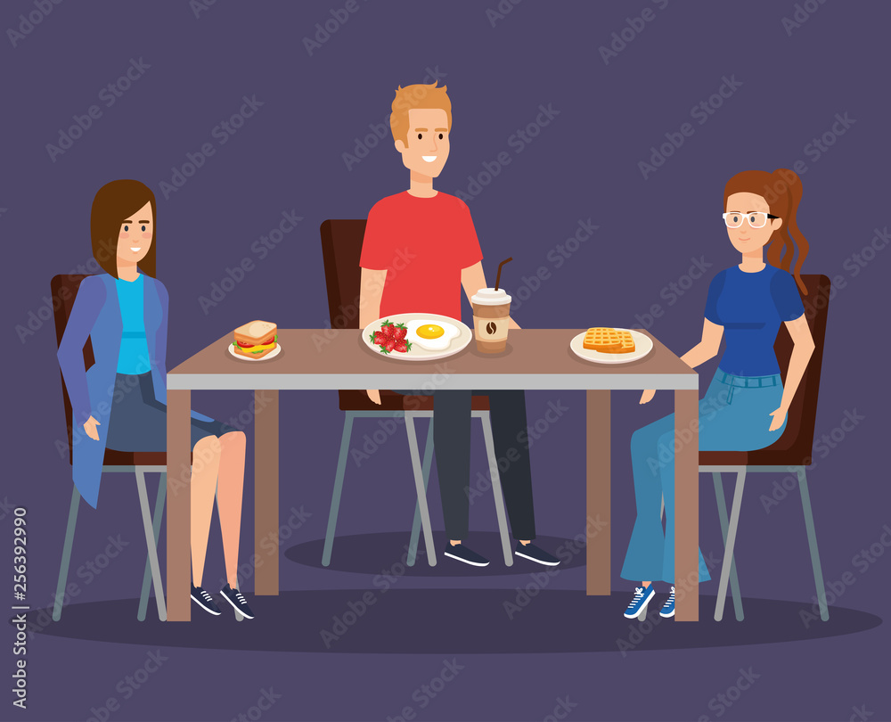 people eating waffles with sanwich and fried egg people eating waffles with sanwich and fried egg