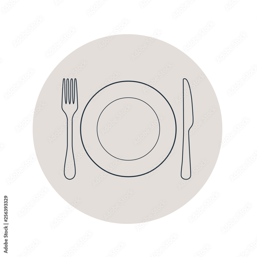 Icono plano lineal plato y cubiertos en círculo color gris Icono plano lineal plato y cubiertos en círculo color gris