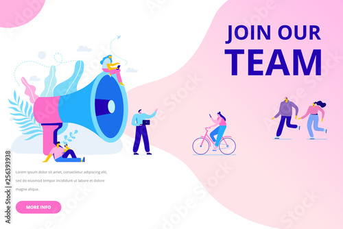 Group of people shouting on megaphone Join our team vector illustration concept. Flat style  illustration for web.